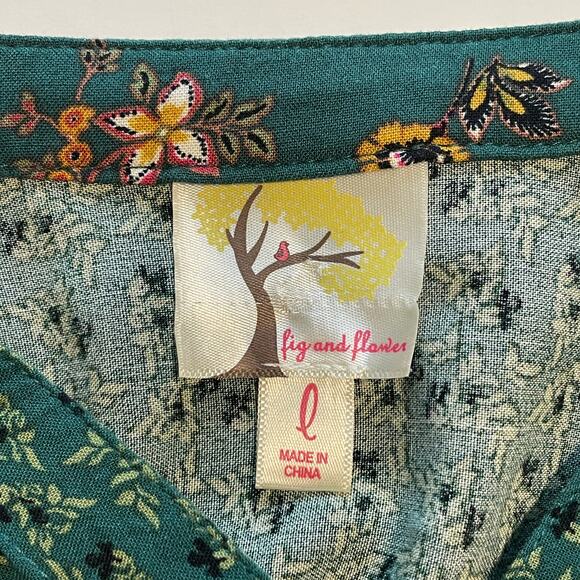 Fig and Flower Peasant Top Womens Large Green Cottage Floral Border Boho Blouse - Picture 5 of 10